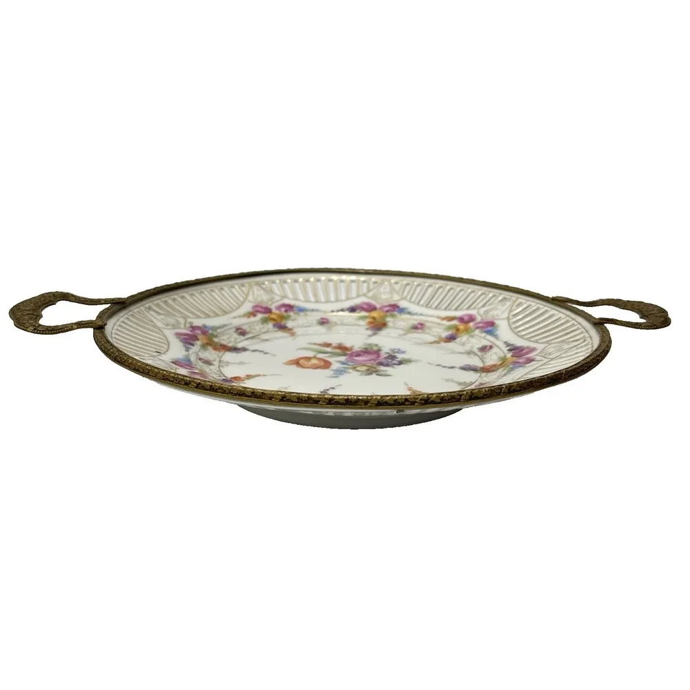 Vintage 1940s‎ Schumann Bavaria Bronze Mounted Porcelain Reticulated Floral Dish
